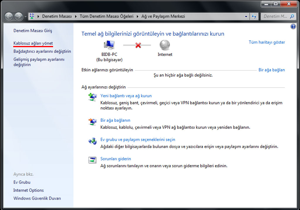 Kablosuz ağları yönet seçiniz
