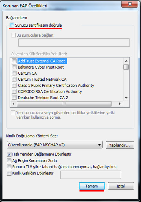 Sunucu sertifikasını doğrula işaretini kaldırın
